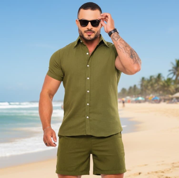 Conjunto Masculino Linho Camisa Shorts Mauricinho Com Bolso