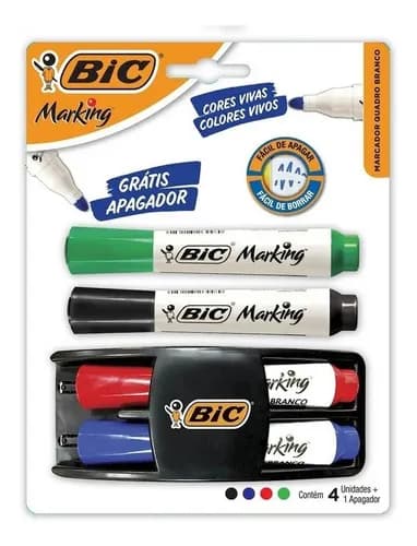 Kit Pincel Caneta P/ Quadro Branco 4 Cores + Apagador - Bic